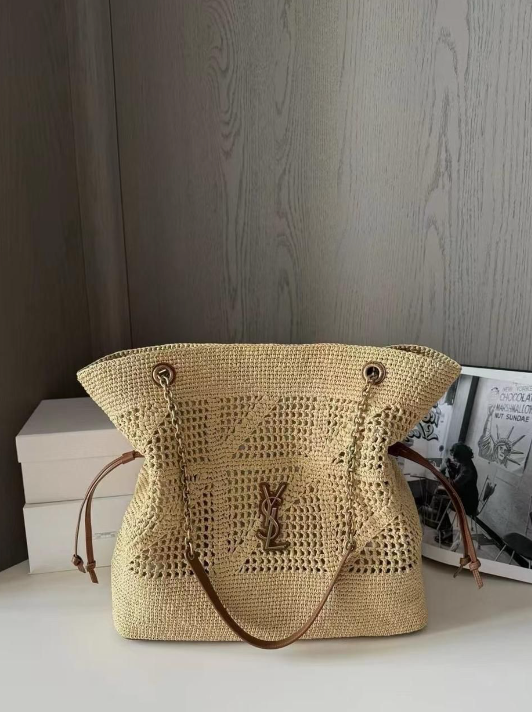 JAMIE TOTE BAG WITH RAFFIA LEATHER TRIM